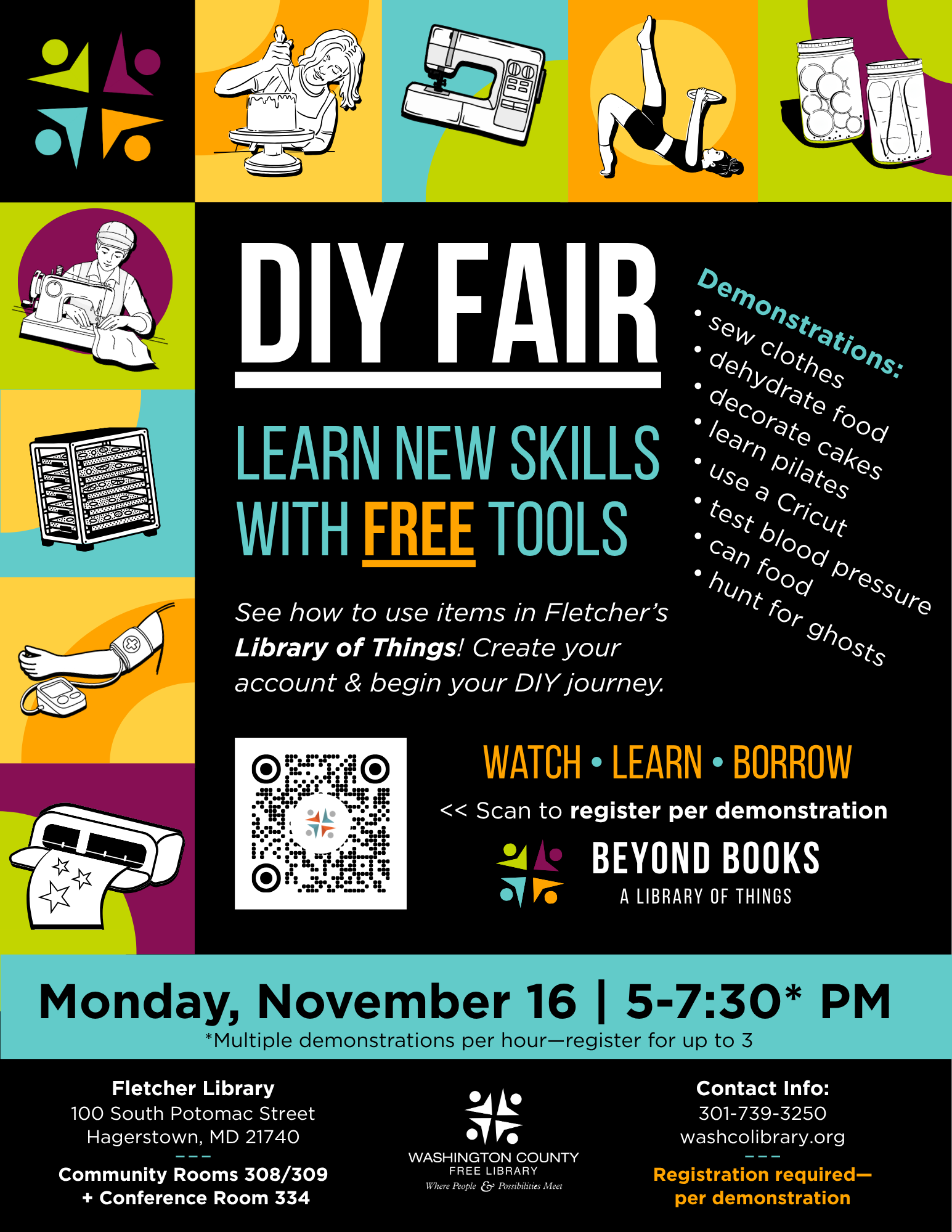 Event flyer for a DIY Fair at the Fletcher Library on November 16, featuring demonstrations on skills like sewing, canning, and cake decorating, with a QR code for registration and library contact information.