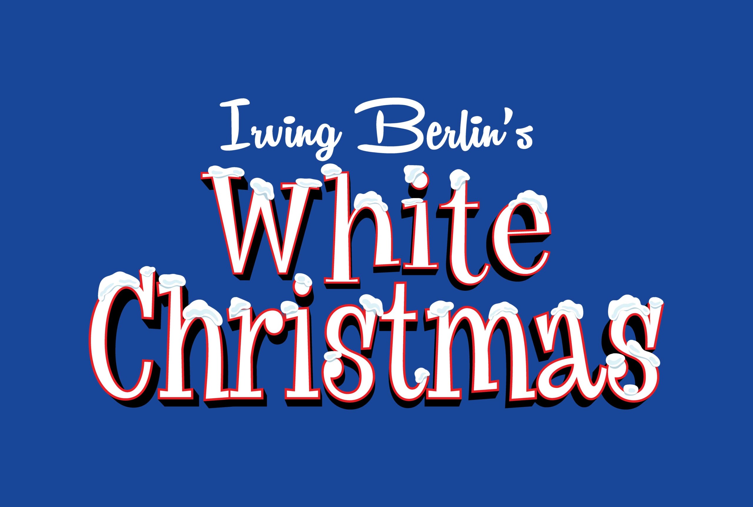 Logo for Irving Berlin’s White Christmas with letters topped by snow against a blue background.