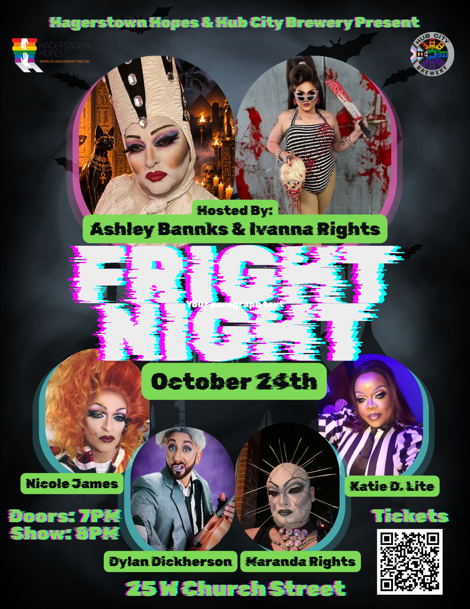 Event poster for Fright Night drag show on October 24th at Hub City Brewery in Hagerstown, featuring performers Ashley Bannks, Ivanna Rights, Nicole James, Dylan Dickherson, Maranda Rights, and Katie D. Lite, with a QR code for tickets.